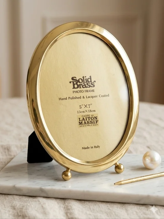 Solid Brass Oval 5x7 Photo Frame Vintage Made in Italy Polished Footed Gold 5x7 - Picture 1 of 11